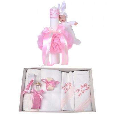 Trusou botez cu mesaj si lumanare cu iepuras si decor roz pentru Fetite Denikos® 546 NKO2964
