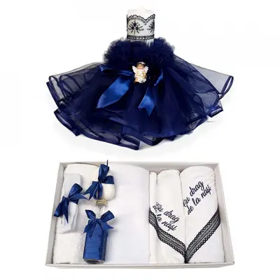 Pachet trusou botez cu mesaj si lumanare inclusa Denikos 549 cu dantela bleumarin si Ingeras - NKO2967