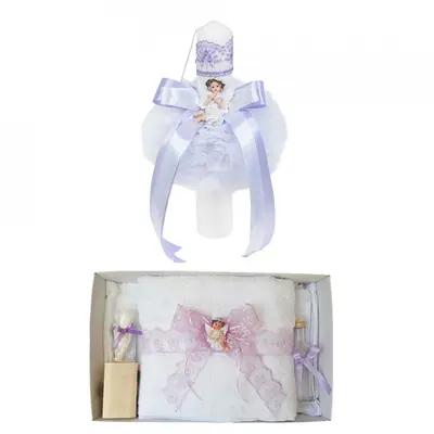 Set Lumanare si Trusou pentru botez Fetita cu ingeras si dantela Lila Denikos&reg; 609 - NKO3027