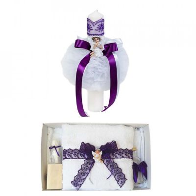 Pachet Lumanare botez glob cu ingeras si trusou botez decor Mov pentru fata Denikos® 610 - NKO3028