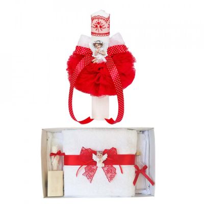Set Lumanare botez cu ingeras si trusou botez dantela Rosie pentru Fete Denikos 611 - NKO3029