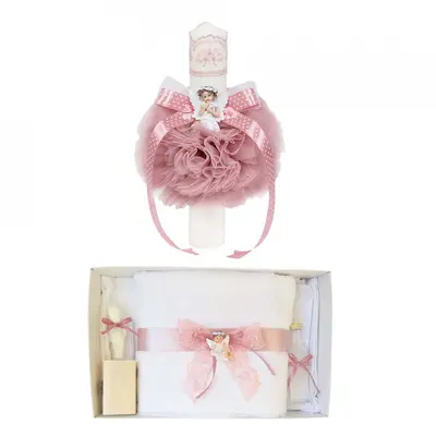 Set Lumanare botez si trusou botez Fetite cu decor Roz Pudra Denikos&reg; 612 - NKO3030