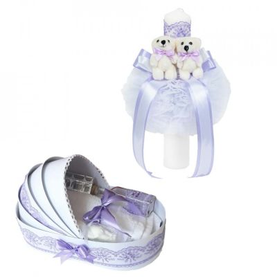 Set Lumanare botez glob cu ursuleti si trusou botez in landou Denikos® 590 cu decor Lila pentru Fete NKO3008