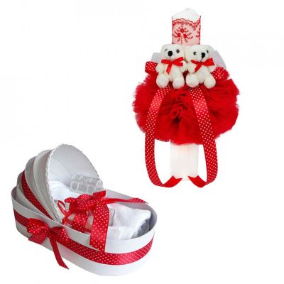 Pachet Lumanare botez cu ursuleti si trusou botez in landou pentru fetite decor Rosu Denikos 591 - NKO3009