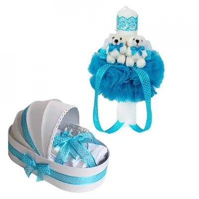 Set trusou botez landou si Lumanare cu ursuleti pentru Baietei decor Turcoaz Denikos 593 - NKO3011