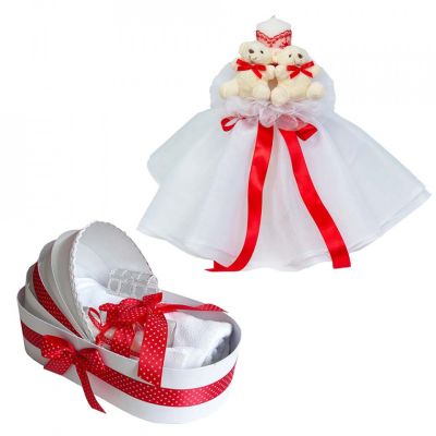 Pachet cu Lumanare botez rochita si trusou botez pentru Fete decor Rosu Denikos® 598 - NKO3016