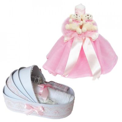 Pachet Lumanare de botez rochita si trusou botez model landou pentru Fata cu decor Roz Denikos® 599 - NKO3017