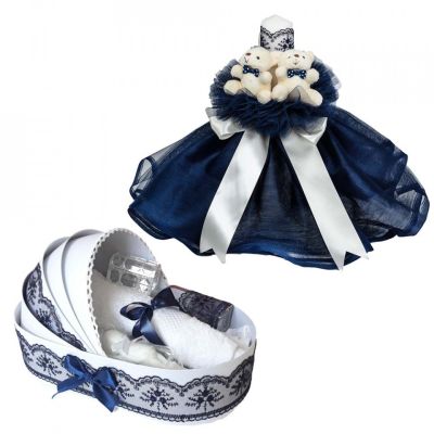 Pachet Lumanare de botez decor bleumarin cu ursuleti si trusou botez landou Baiat Denikos® 595 - NKO3013