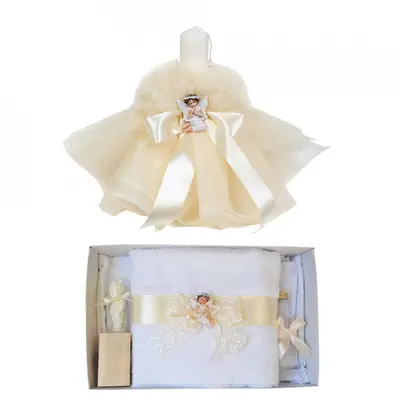 Pachet cu Trusou si Lumanare botez Fetite Denikos&reg; 624 cu decor Ivoire si ingeras - NKO3042