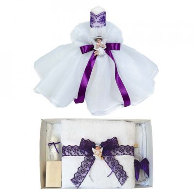 Pachet Lumanare ingeras si Trusou botez Fete decor Mov Denikos® 626 - NKO3044