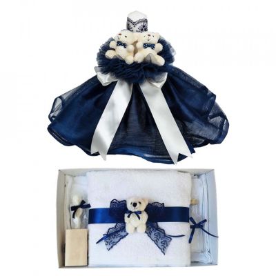 Set Lumanare Botez si Trusou botez dantela cu dantela Bleumarin pentru Baietel Denikos® 615 - NKO3033