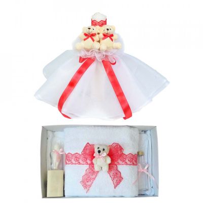 Pachet Lumanare botez cu tul alb si ursuleti si trusou botez Fetita decor Corai cu fundita Denikos® 616 - NKO3034