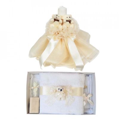 Pachet Lumanare Botez si Trusou botez Denikos® 617 cu dantela Ivoire Unisex - NKO3035