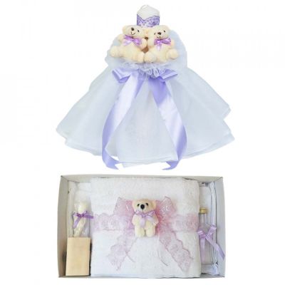 Pachet Lumanare botez cu tul alb si ursuleti si trusou botez Fete cu dantela Lila Denikos® 618 - NKO3036