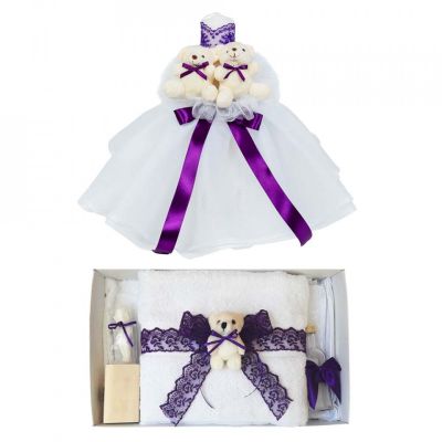 Set Trusou si lumanare pentru botez fetita Denikos® 619 decor Mov cu ursuleti si dantela - NKO3037