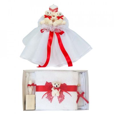 Pachet Lumanare botez tul cu ursuleti si Trusou botez dantela cu decor Rosu Fetita Denikos® 620 - NKO3038
