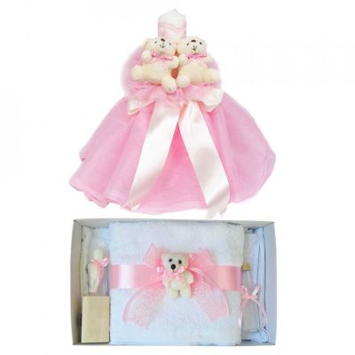 Lumanare de botez cu tul si ursuleti plus Trusou botez cu decor Roz pentru Fete Denikos® 621- NKO3039