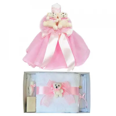 Lumanare de botez cu tul si ursuleti plus Trusou botez cu decor Roz pentru Fete Denikos&reg; 621- NKO3039