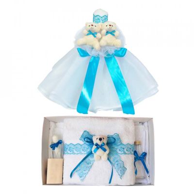 Pachet Lumanare si Trusou de botez pentru baieti cu ursulet si decor Turcoaz Denikos® 622 - NKO3040