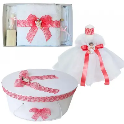 Set trusou botez Fetite si cutie trusou cu lumanare Ingeras, decor dantela Corai Denikos&reg; 568 - NKO2986