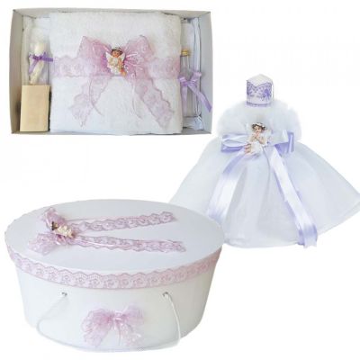 Pachet Trusou notez si lumanare botez Fetita cu dantela Lila Denikos® 569 si cutie trusou cu Ingeras NKO2987