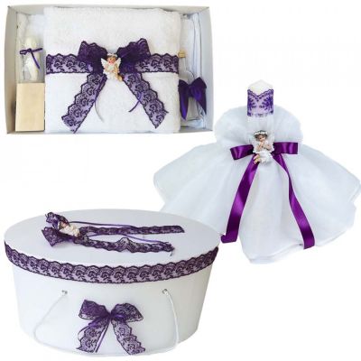 Pachet trusou botez si lumanre in cutie eleganta cu decor Mov ingeras pentru Fetite Denikos® 570 NKO2988