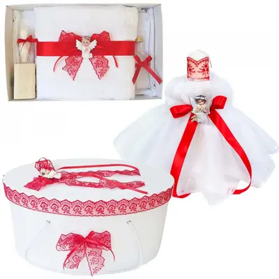 Set Lumanare botez si trusou botez pentru fete Denikos&reg; 57 cutie trusou decor Rosu cu ingeras - NKO2989