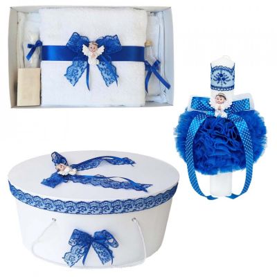 Trusou complet botez Baietel cu lumanare si cutie trusou Denikos® 562 ingeras decor Albastru  NKO2980