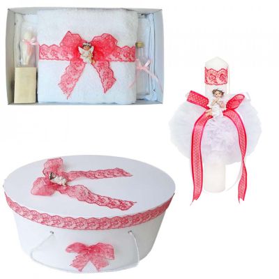 Pachet trusou botez pentru Fetite Denikos® 563 si cutie trusou cu lumanare, dantela Corai si Ingeras  NKO2981
