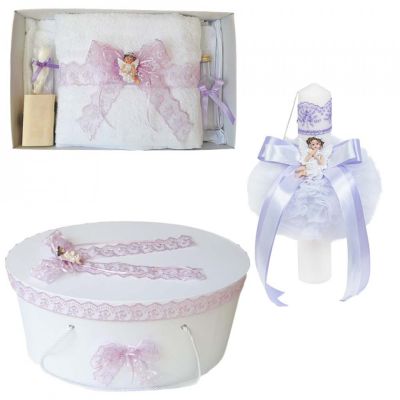 Pachet cu trusou si lumanare pentru botez Fetita Denikos® 565 Ingeras si dantela Lila  NKO2983