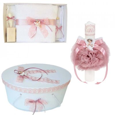 Pachet lumanare botez cu trusou botez si cutie Denikos® 564 dantela roz pudra si Ingeras  NKO2982