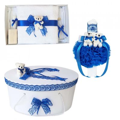 Set trusou de botez cu lumanare botez si cutie dantela si ursuleti decor albastru Denikos® 554  NKO2972