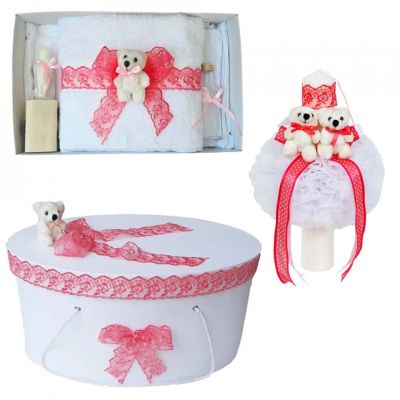 Pachet trusou botez si cutie trusou cu lumanare Fetita Denikos® 555 cu dantela corai si ursuleti NKO2973