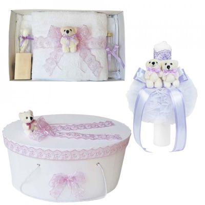 Pachet lumanare de botez si trusou botez Fata cu cutie trusou si dantela Lila cu ursuleti Denikos® 557 NKO2975