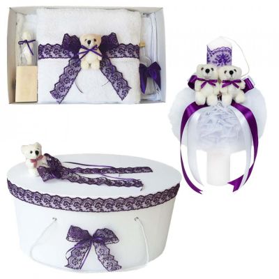 Set lumanare botez si trusou botez pentru Fetite Denikos® 558 si cutie trusou decor Mov cu ursulet NKO2976