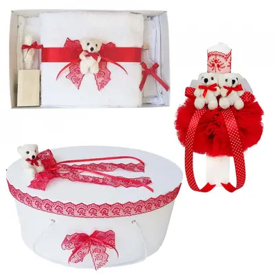 Set trusou botez cu lumanare si cutie trusou pentru Fete Denikos 559 decor rosu dantela si ursuleti - NKO2977
