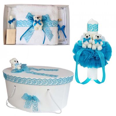 Pachet trusou botez si cutie trusou cu lumanare Baieti, dantela Turcoaz si ursuleti Denikos® 560 NKO2978