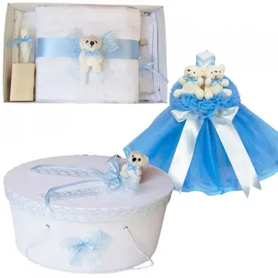 Trusou de botez pentru baieti plus cutie trusou si lumanare decor Bleu Denikos&reg; 572  NKO2990