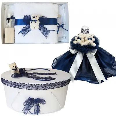 Set trusou botez Baieti cutie trusou si lumanare decor Bleumarin cu ursuleti Denikos&reg; 573 NKO2991