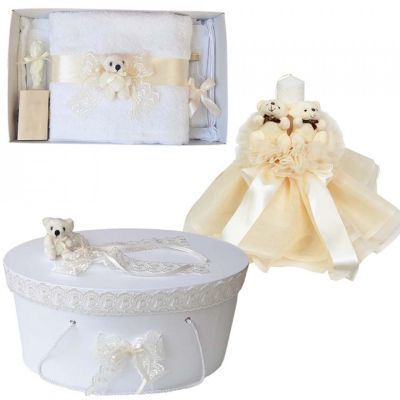 Pachet unisex cu trusou botez in cutie eleganta si lumanare botez cu decor Ivoire ursuleti Denikos® 575 NKO2993