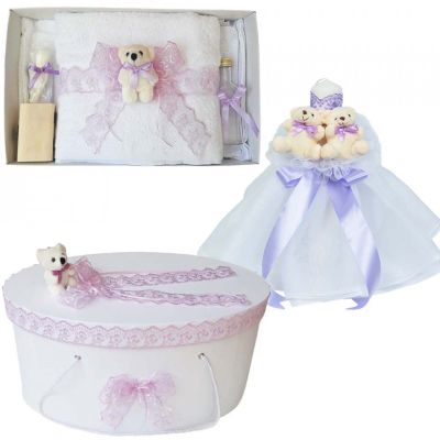 Set trusou botez si cutie trusou cu lumanare botez pentru Fetite, decor Lila Denikos® 576  NKO2994