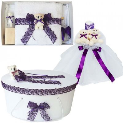 Trusou botez plus cutie trusou si lumanare botez pentru Fete Denikos® 577 cu decor Mov ursuleti  NKO2995