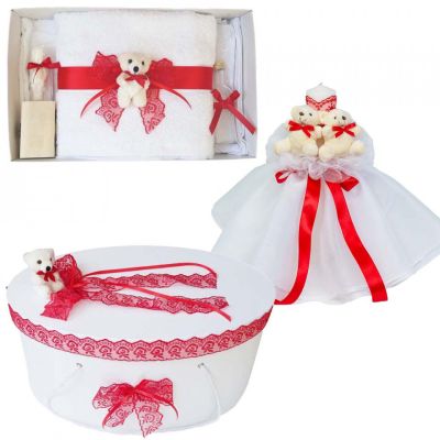Set Trusou de botez pentru fetite cu lumanare si cutie trusou decor Rosu cu ursuleti Denikos® 578 NKO2996