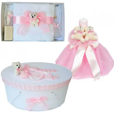 Set cu trusou botez Fetita Denikos&reg; 579 cu cutie trusou si lumanare decor Roz cu ursuleti  NKO2997