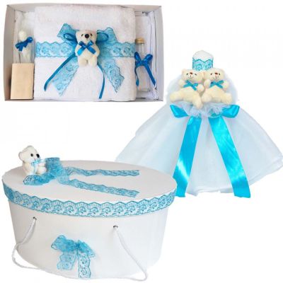Trusou botez plus cutie trusou si lumanare Baietel decor Turcoaz cu ursulet  NKO2998