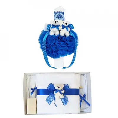 Set Trusou de botez Denikos 601 cu ursulet si lumanare cu dantela albastra pentru Baietel - NKO3019