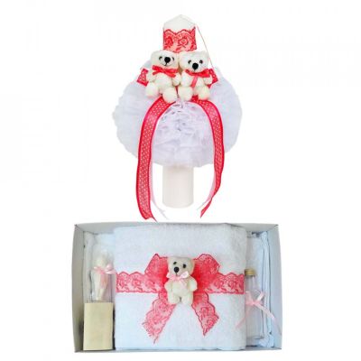 Pachet Trusou botez cu ursulet si lumanare glob decor Corai pentru Fetita Denikos® 602 - NKO3020