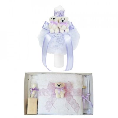 Pachet Trusou botez Fetite cu ursulet si lumanare glob decor lila Denikos® 603 - NKO3021