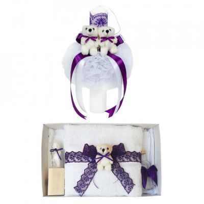 Set Trusou botez fete cu ursulet si lumanare glob cu decor Mov Denikos® 604 - NKO3022
