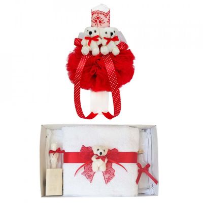 Pachet Trusou de botez si lumanare glob pentru Fete Denikos® 605 in decor Rosu cu ursulet - NKO3023